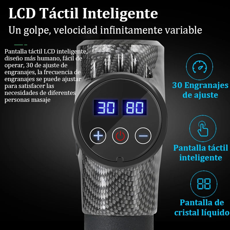 Pistola de Masaje Profundo Pro: Masajeador Eléctrico de 30 Velocidades con 6 Cabezales Terapéuticos