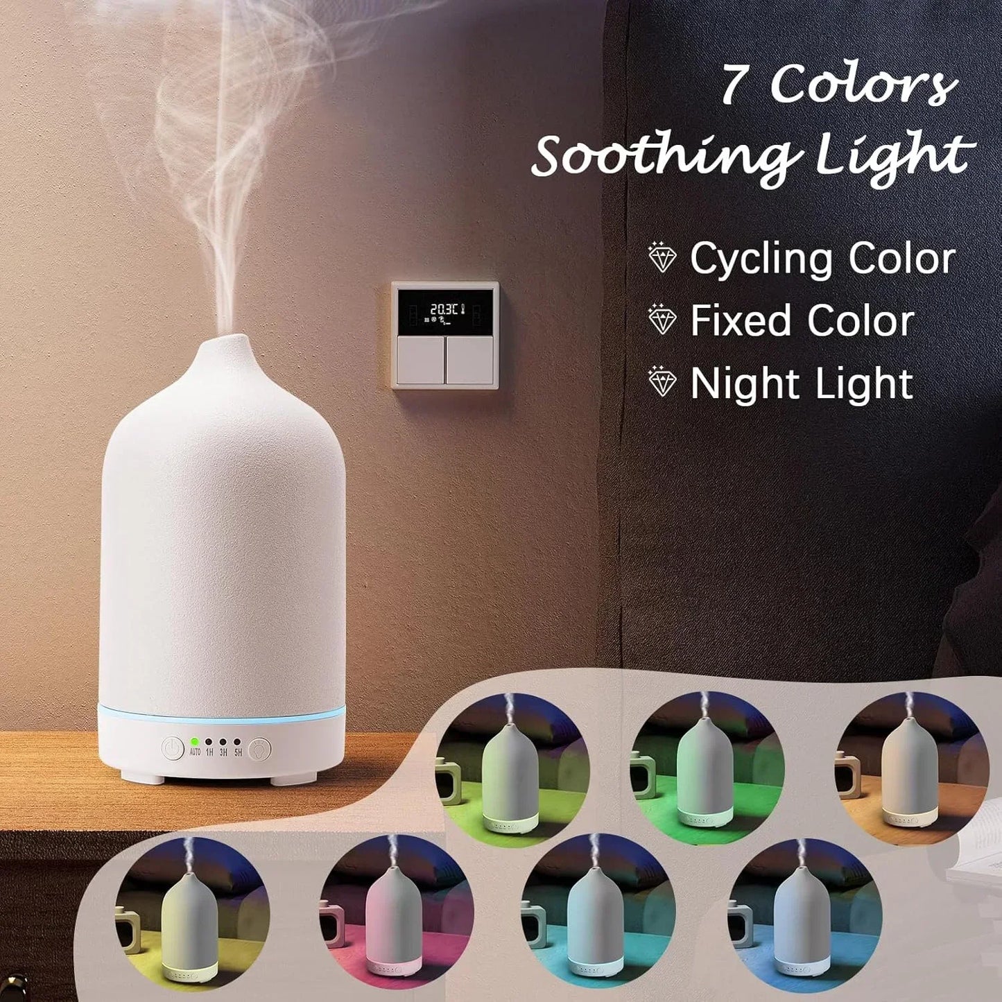 Difusor de Aroma de Cerámica Artesanal: Humidificador Ultrasónico con 7 Colores LED
